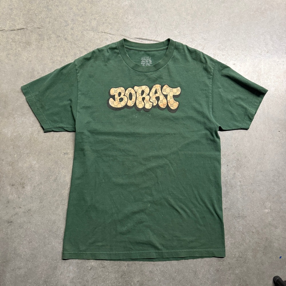 Borat Graphic T-Shirt Mens Large Green Short Sleeve Cotton Monogram Logo Tee